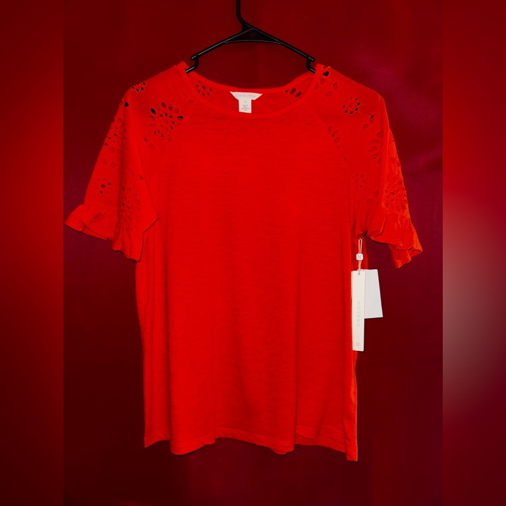 #318-NWT- CASLON Bright Orange Eyelet Short Sleeve Blouse